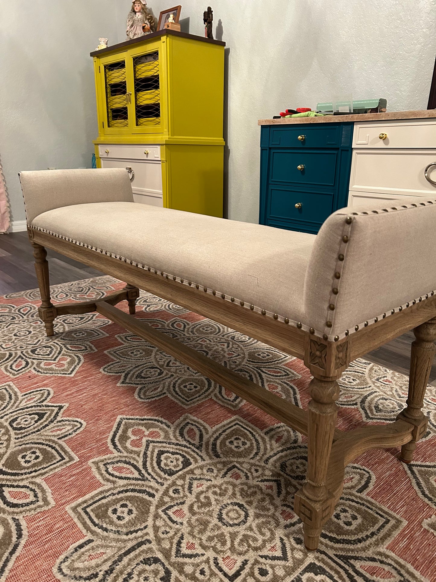 Emily Weathered Oak Linen Bench