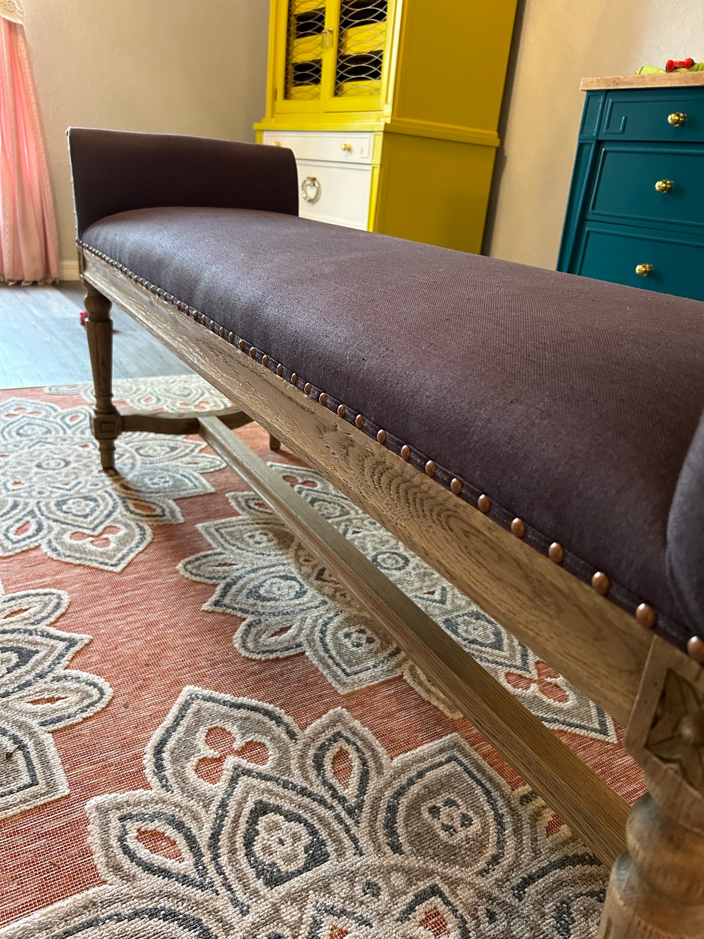 Emily Weathered Oak Linen Bench