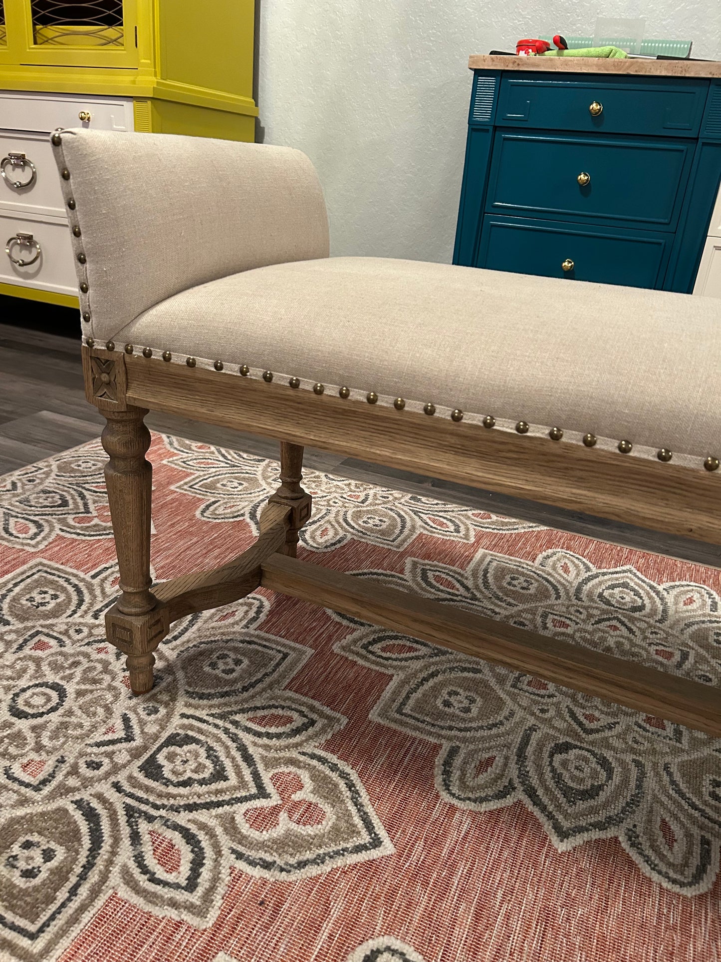 Emily Weathered Oak Linen Bench