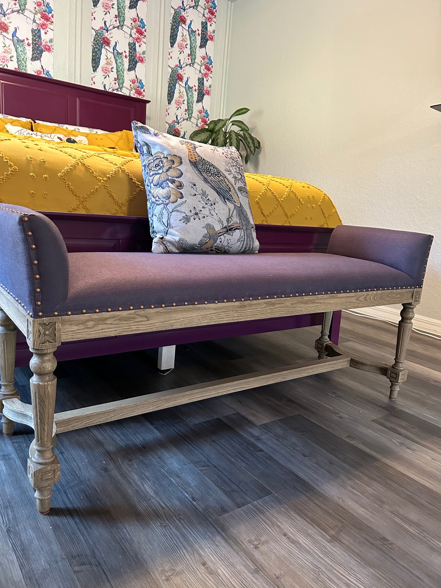 Emily Weathered Oak Linen Bench