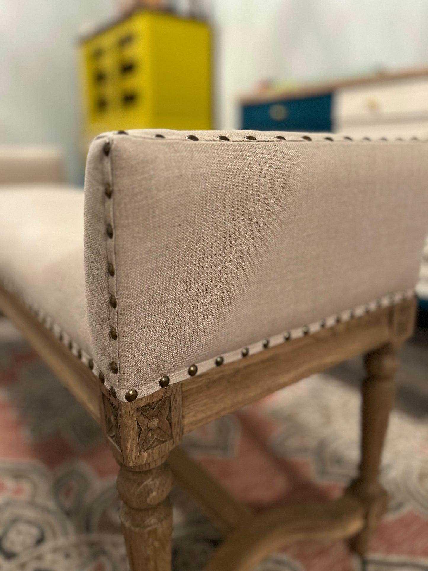 Emily Weathered Oak Linen Bench