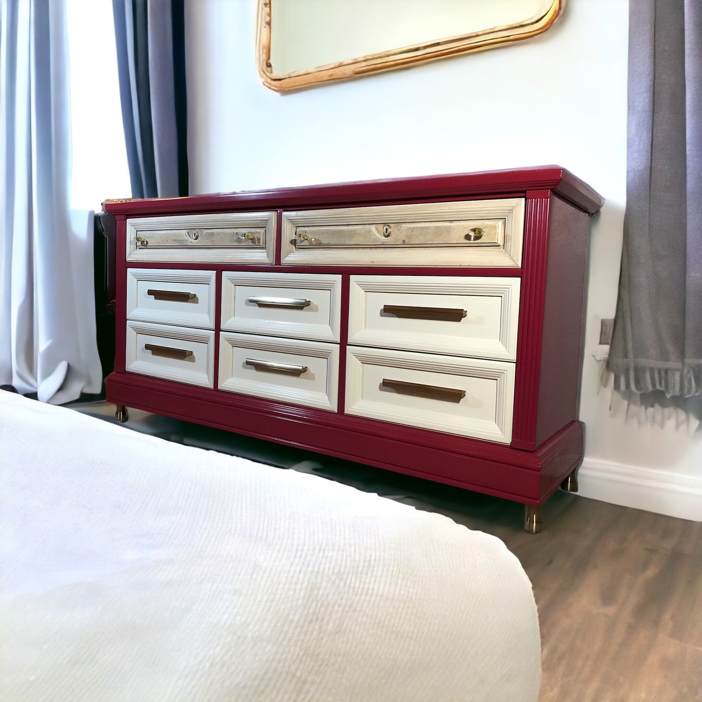 Vintage 8 Drawer Long Dresser Cherry Red