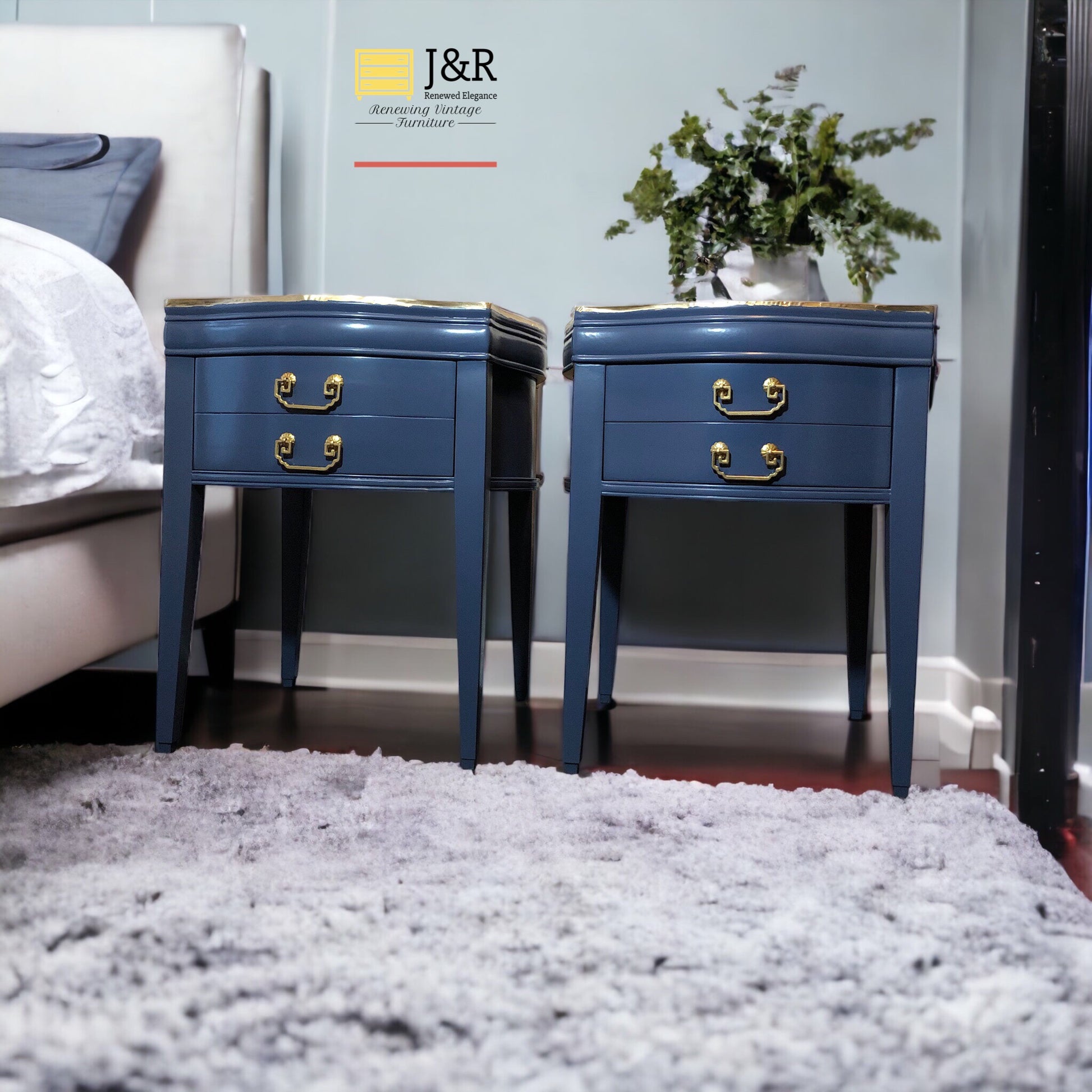 Vintage Nightstands in Blue with gold hardware